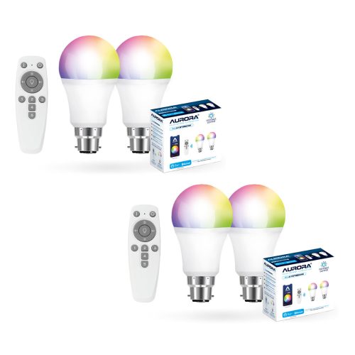 Aurora AOne Bluetooth 2x 8W GLS Dimmable RGB and Tuneable White LED Smart Lamps and Remote Starter Kit (B22 / E27)