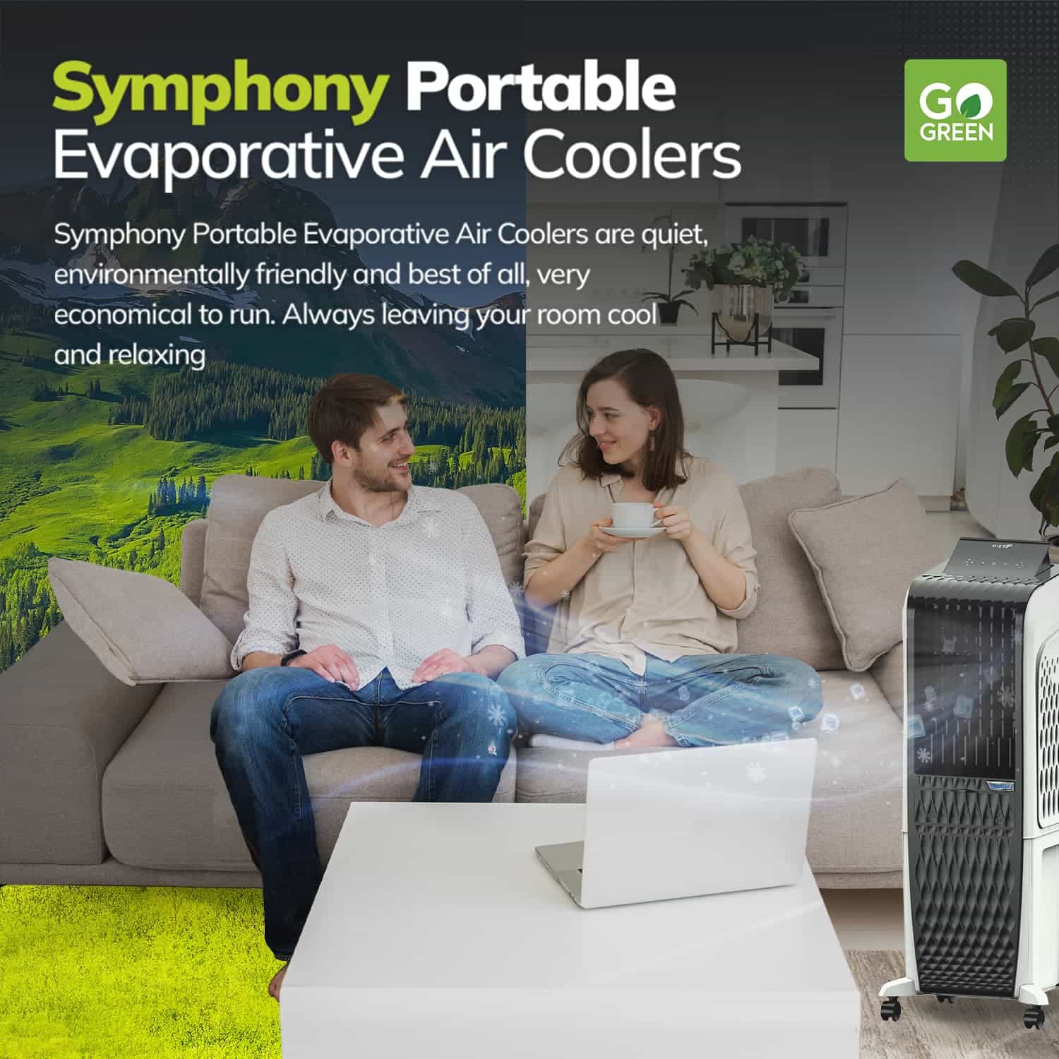 Symphony Portable Evaporative Air Coolers. Symphony Portable Evaporative Air Coolers are quiet, environmentally friendly and best of all, very economical to run. Always leaving your room cool and relaxing.