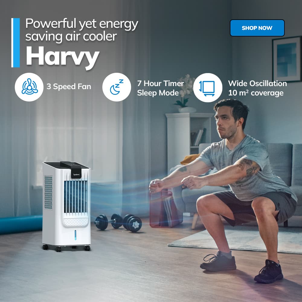 Powerful yet energy saving air cooler Harvy. 3 Speed Fan 7 Hour Timer Sleep Mode Wide Oscillation 10 m2 coverage