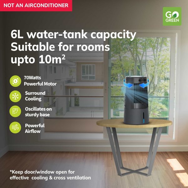 irflowSymphony Duet – 6L water-tank capacity Suitable for rooms upto 10m2 - 70Watts Powerful Motor - Surround Cooling - Oscillates on sturdy base - Powerful - *Keep door/window open for effective cooling & cross ventilation - NOT AN AIRCONDITIONER