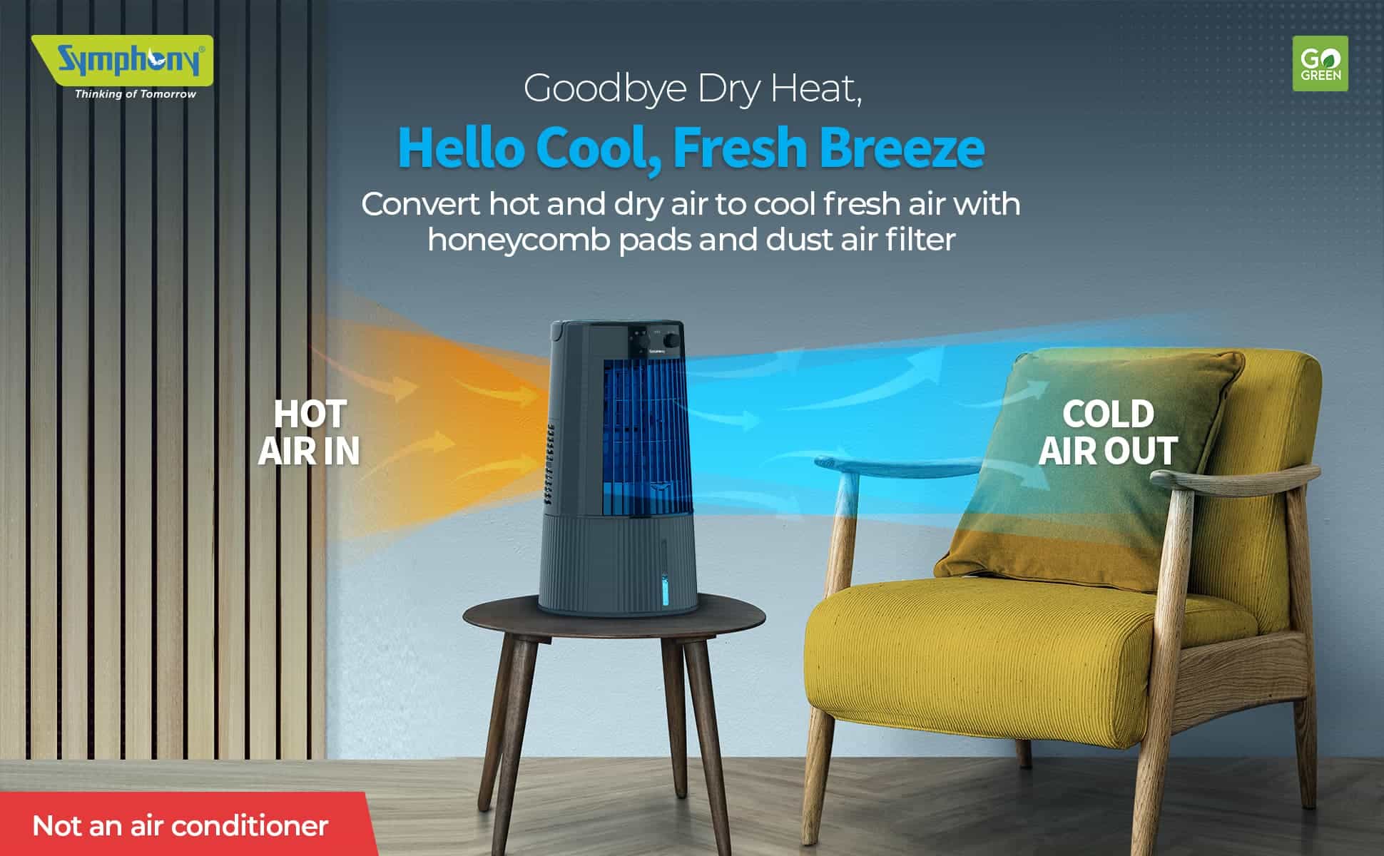 Symphony Duet – Goodbye Dry Heat, Hello Cool, Fresh Breeze Convert hot and dry air to cool fresh air with honeycomb pads and dust air filter - HOT AIR IN - COLD AIR OUT - Not an air conditioner