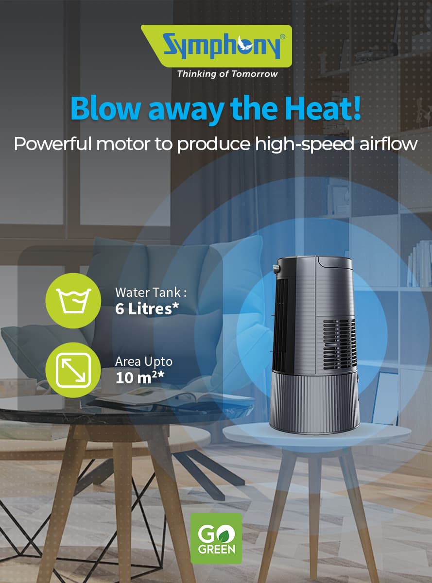 Symphony Duet – Blow away the Heat! Powerful motor to produce high-speed airflow - Water Tank: 6 Litres - Area Up to 10 m2