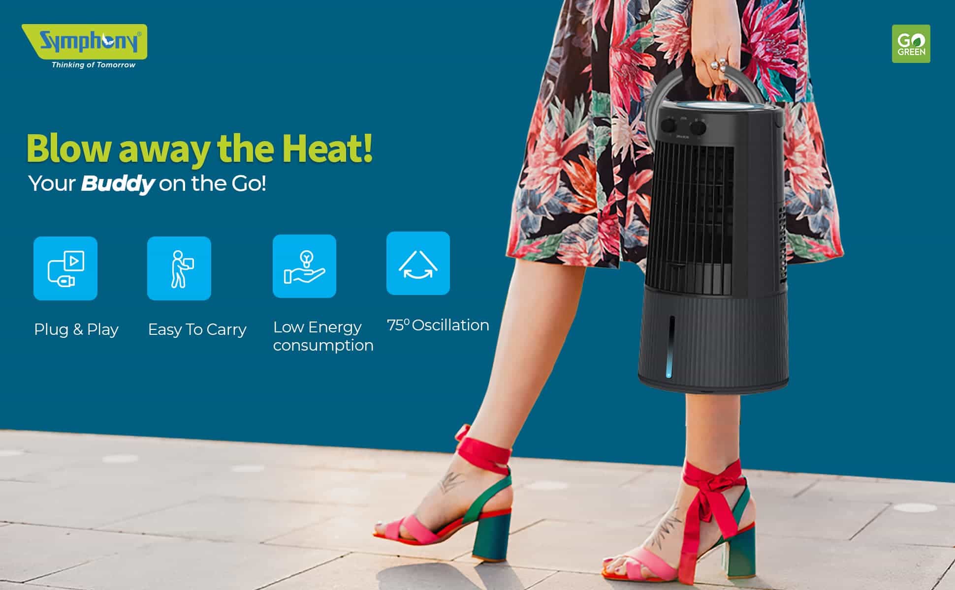 Symphony Duet – Blow away the Heat! Your Buddy on the Go! Plug & Play - Easy To Carry - Low Energy consumption - 75° Oscillation