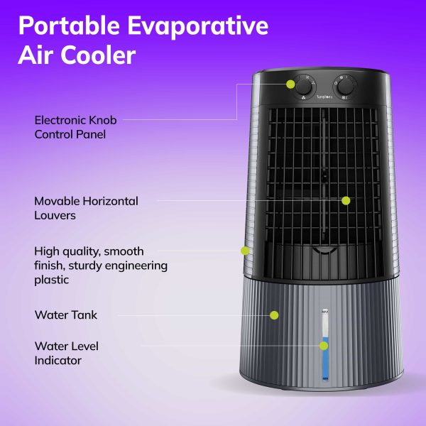 Symphony Duet – Portable Evaporative Air Cooler - Electronic Knob Control Panel - Movable Horizontal Louvers - High quality, smooth finish, sturdy engineering plastic - Water Tank - Water Level Indicator