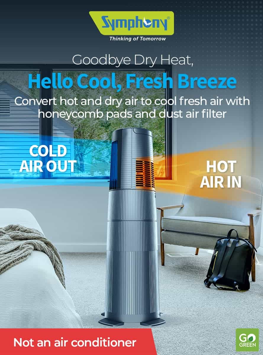 Symphony Duet i-S – Goodbye Dry Heat, Hello Cool Fresh Breeze Convert hot and dry air to cool fresh air with honeycomb pads and dust air filter - HOT AIR IN - COLD AIR OUT - Not an air conditioner
