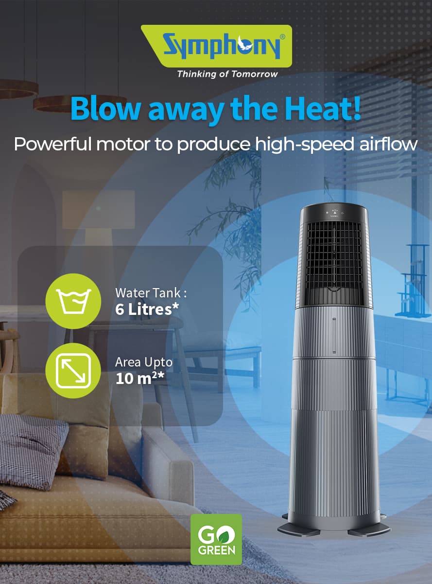 Symphony Duet i-S – Blow away the Heat! Powerful motor to produce high-speed airflow - Water Tank: 6 Litres - Area Up to 10 m2
